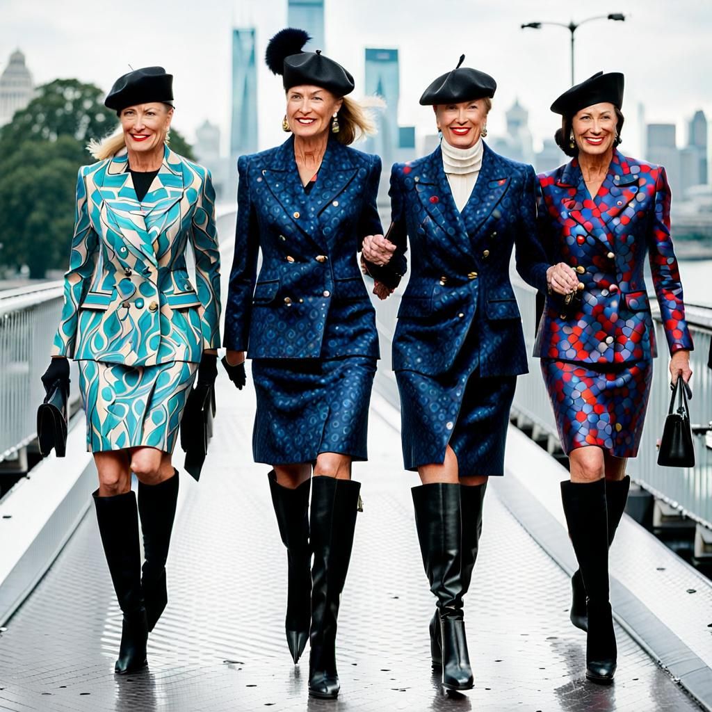Businesswomen Stroll on Bridge in Maximalist Style