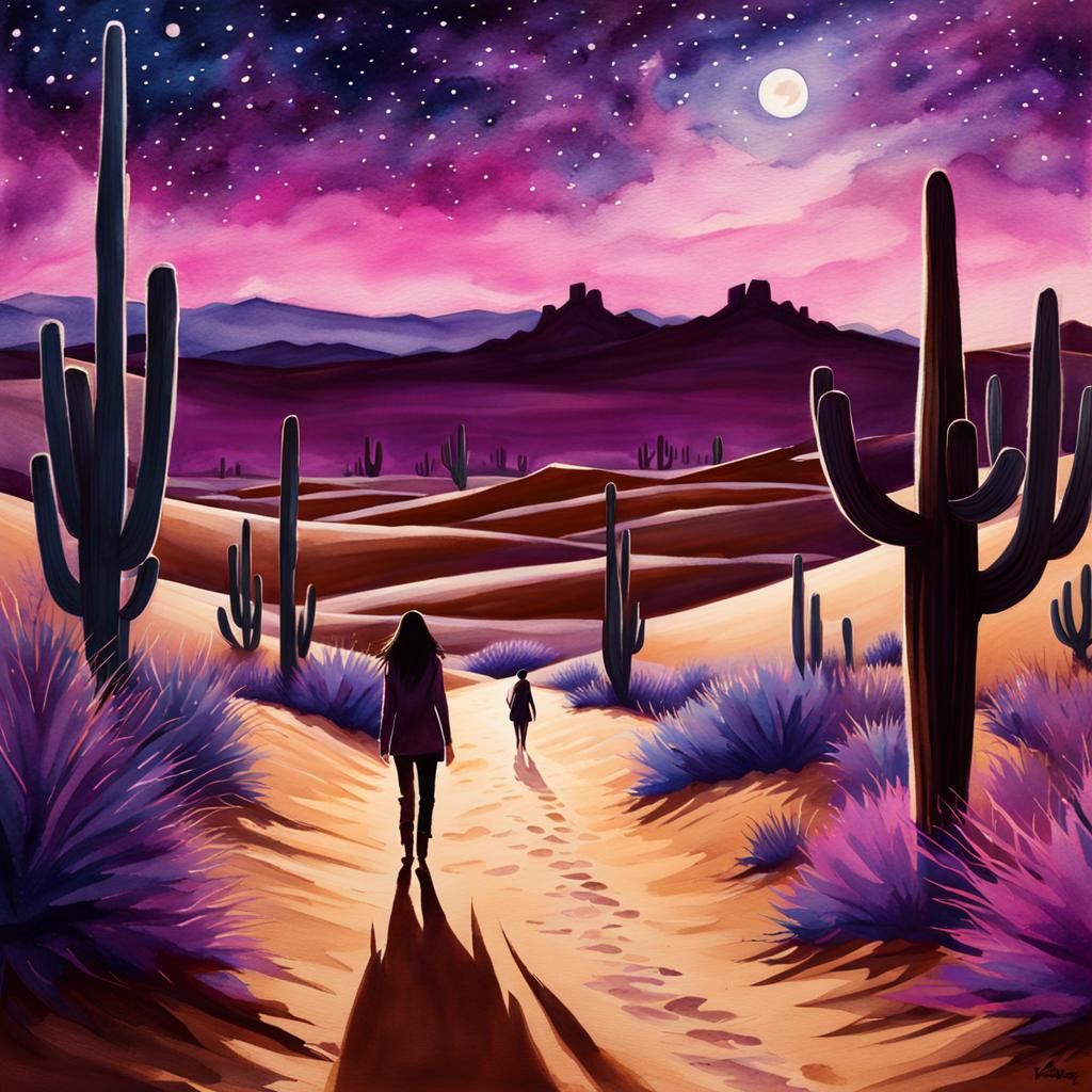 Watercolor Desert Night Sky Fantasy