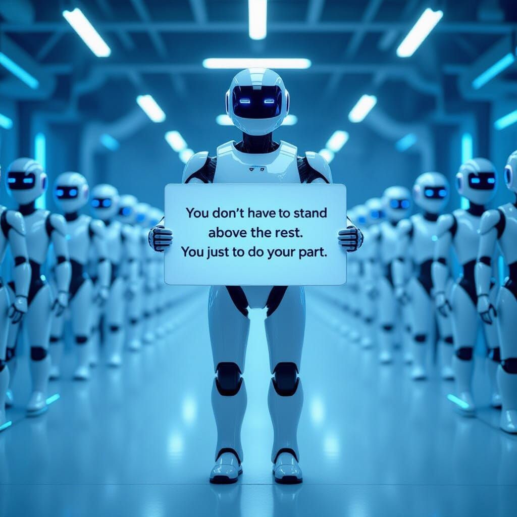 Tesla Bot Leads Identical Assembly Holding Motivational Sign