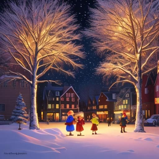 Festive Winter Town Square Oil Painting