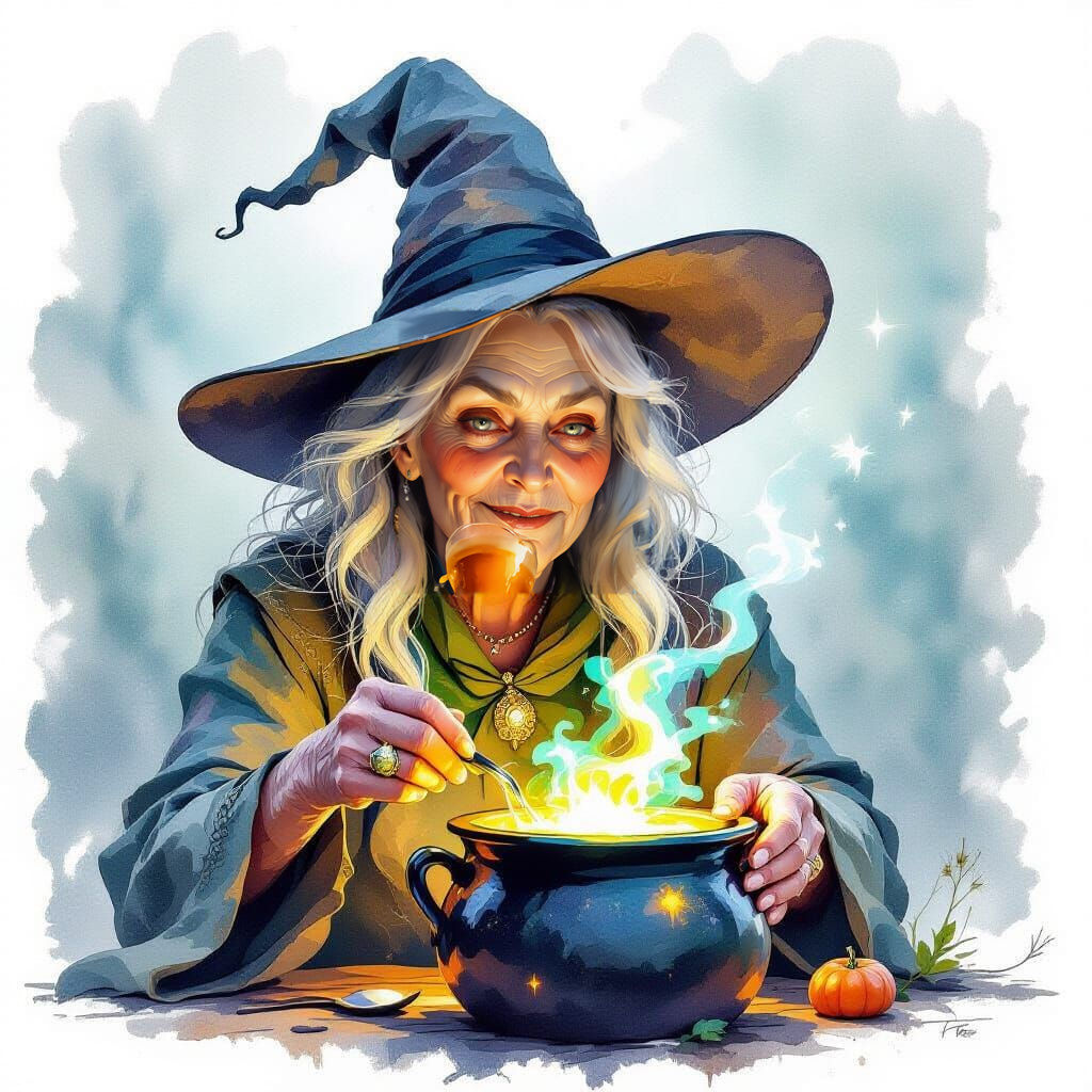 Benevolent Witch Pours Shimmering Brew in Watercolor Style