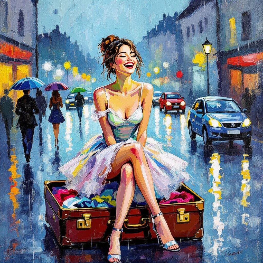 Woman Laughing in Rain: Expressive Van Gogh-Style Scene