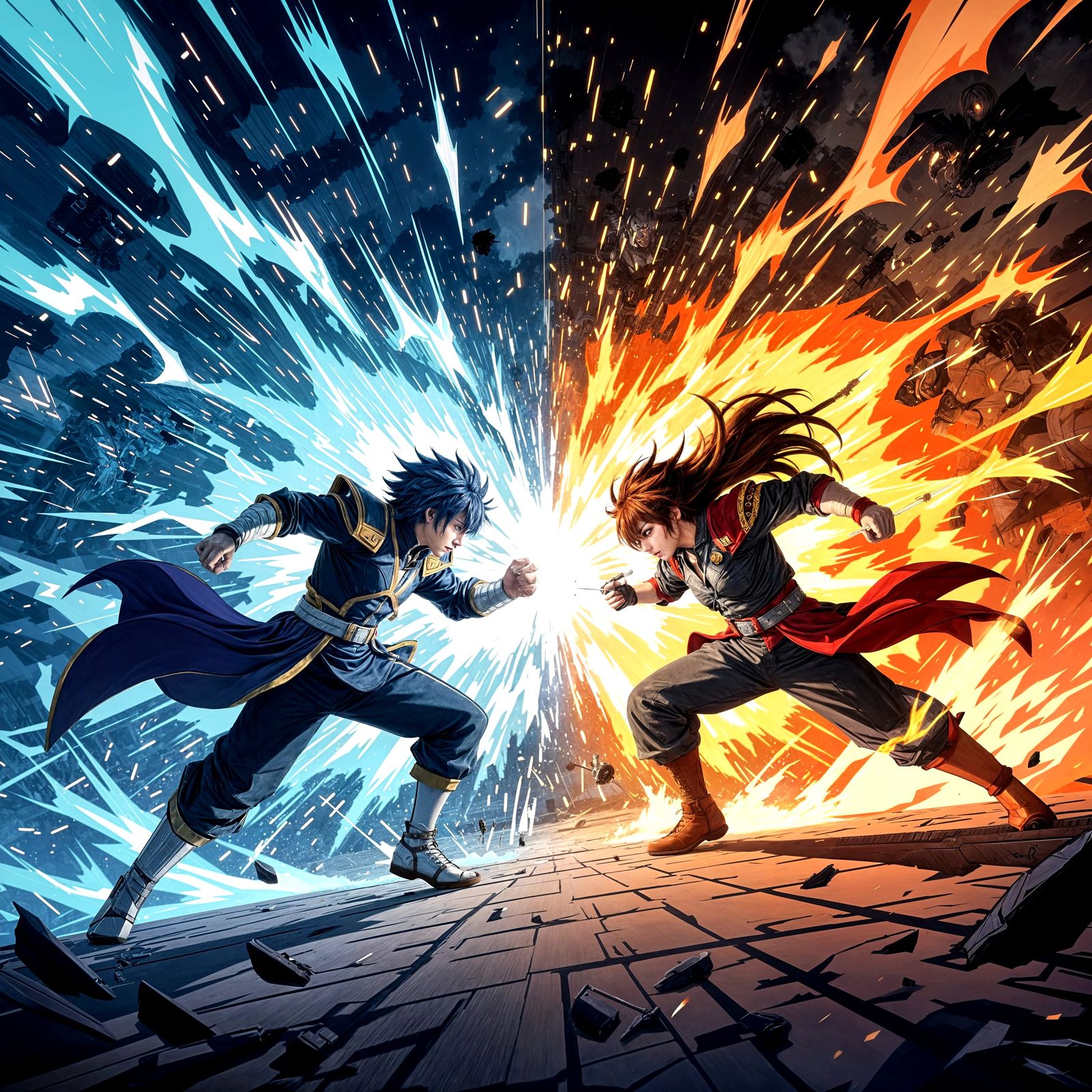 Anime Battle Scene with Glowing Powers and Rivals