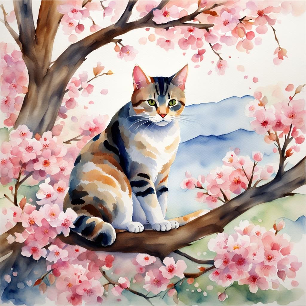Cat Lounging Under Sakura Tree: Watercolor Painting