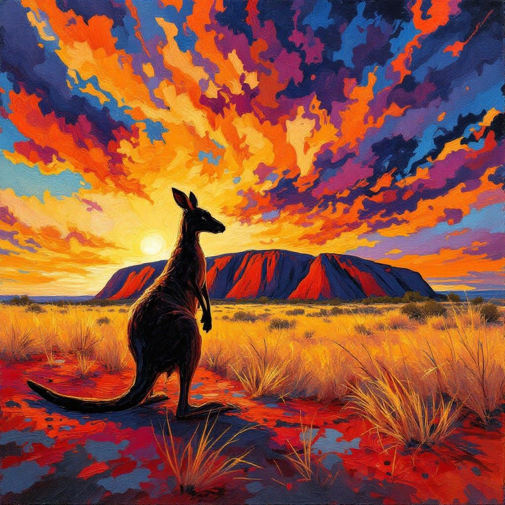 Kangaroo Silhouetted at Uluru Sunset Impasto Painting