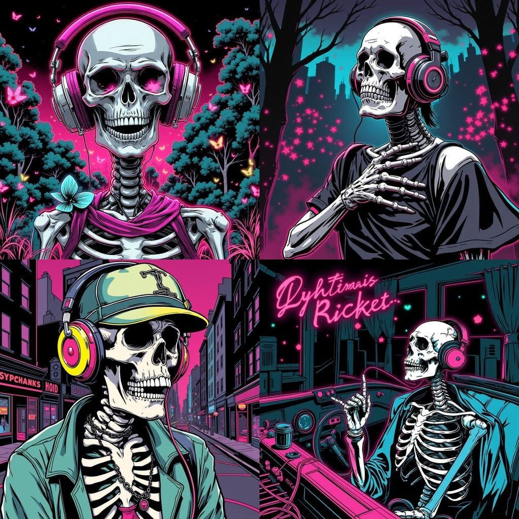 Skeleton with Headphones in Comic Book Style