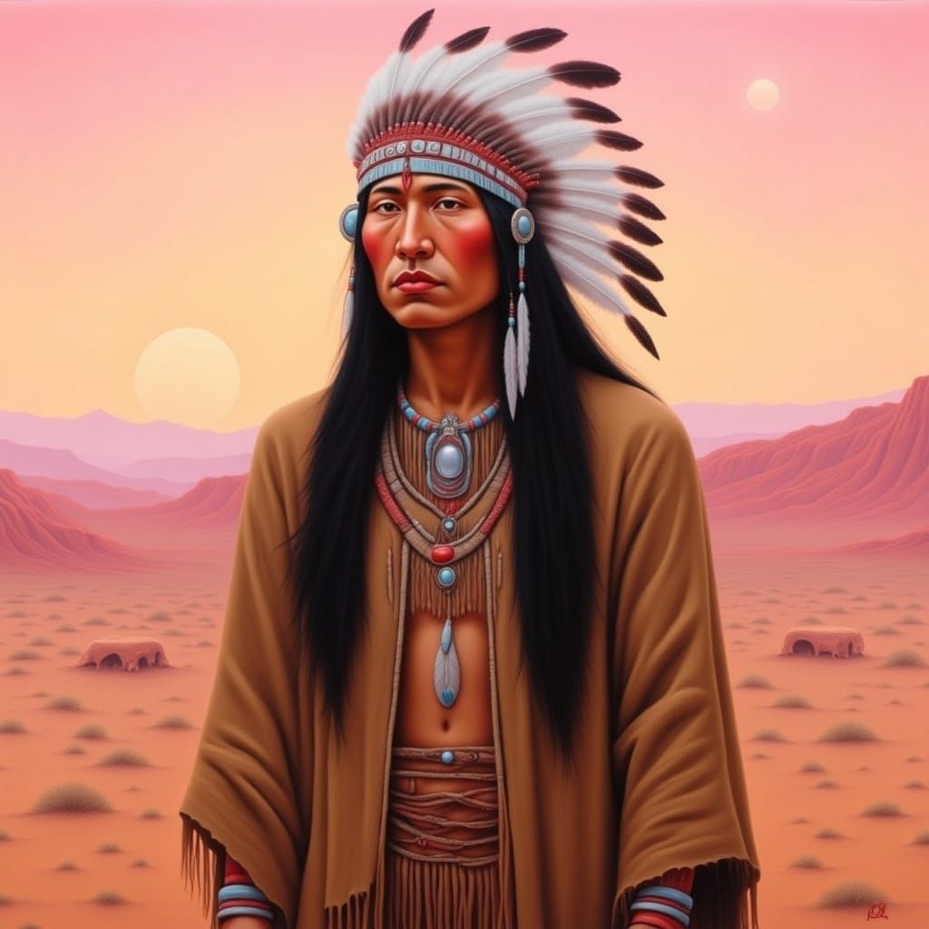 Native American Woman in Pink Sunset Hues