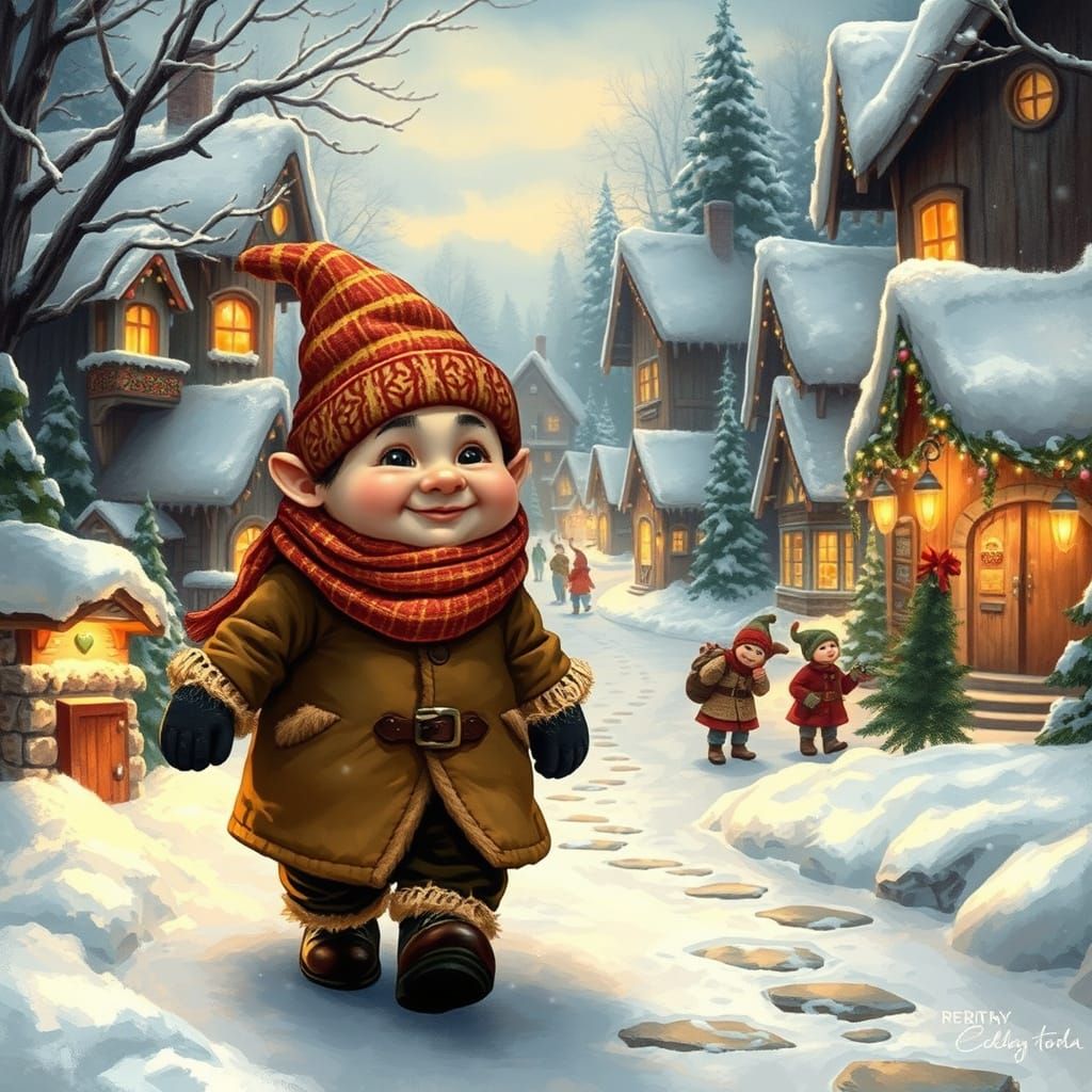 Whimsical Hobbit in Winter Wonderland Village Scene