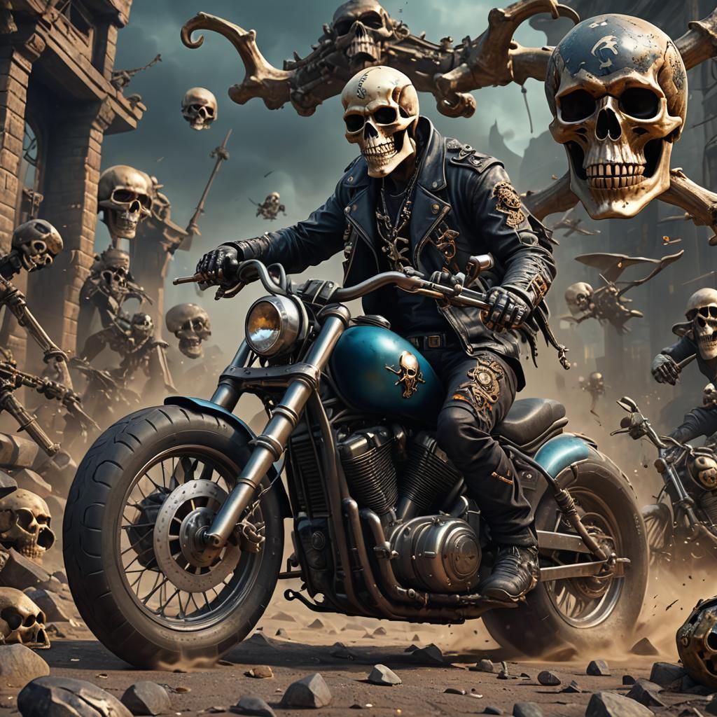 Rock n Roll Motorbike Rider Skull Art