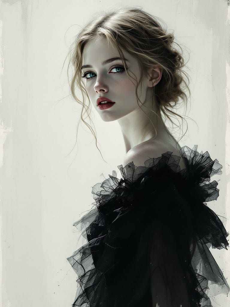 Pin-Up Woman in Luminous Monochrome with Jewel Accents