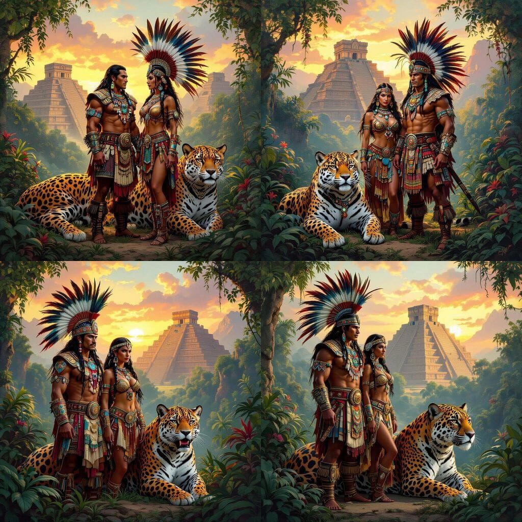 Aztec Warrior Princess & Jaguar in Jungle Sunset