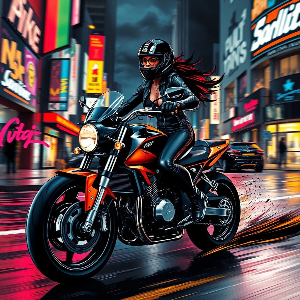Vibrant Motorcycle Goddess Speeds into Night