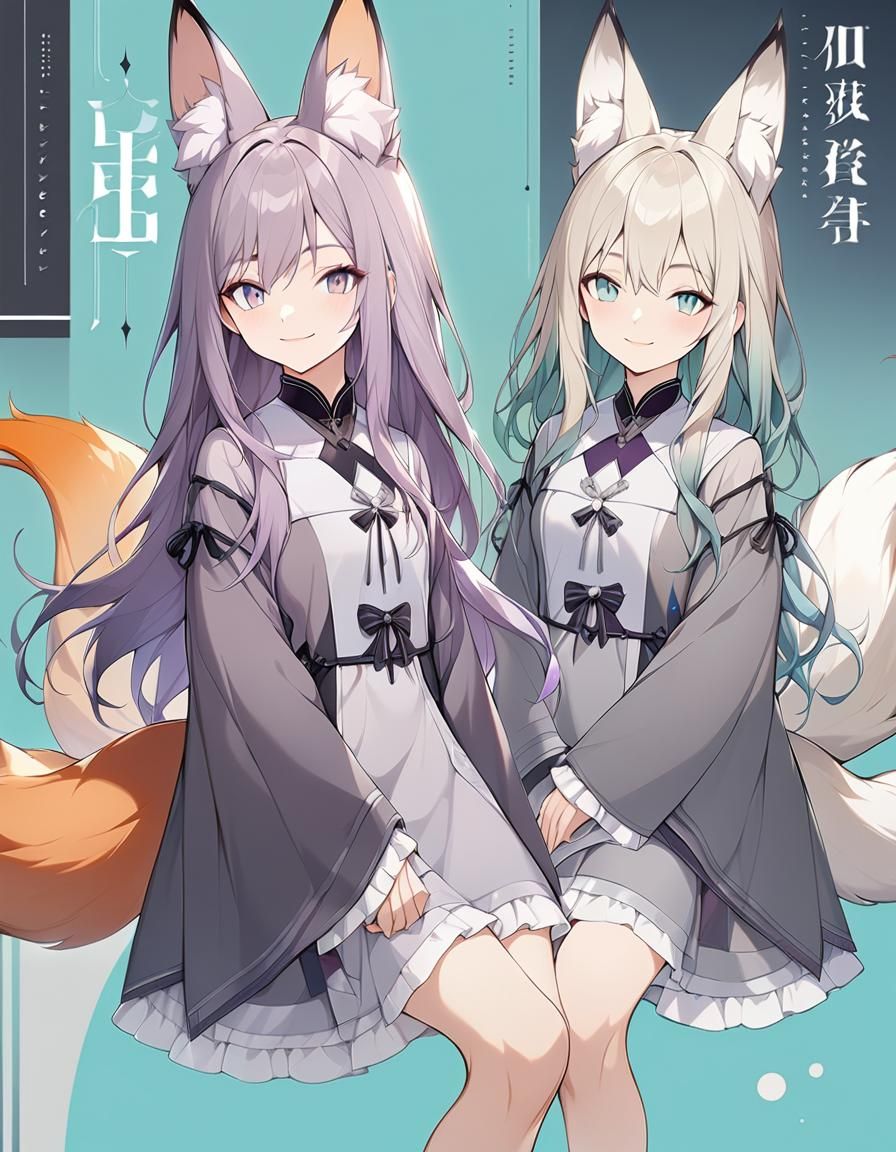 Kitsune Maiden in Elegant Grey Attire