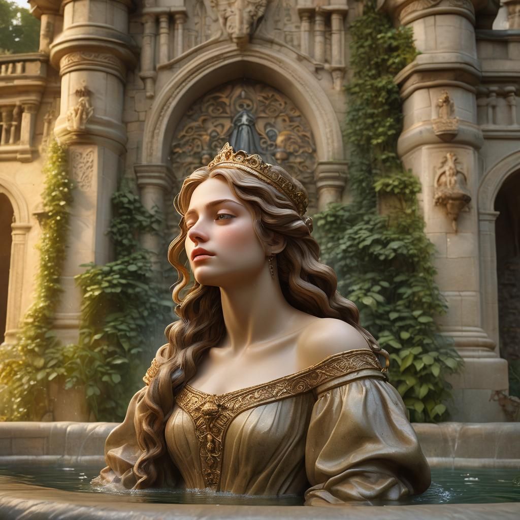 Renaissance Princess Weeping by Castle Fountain