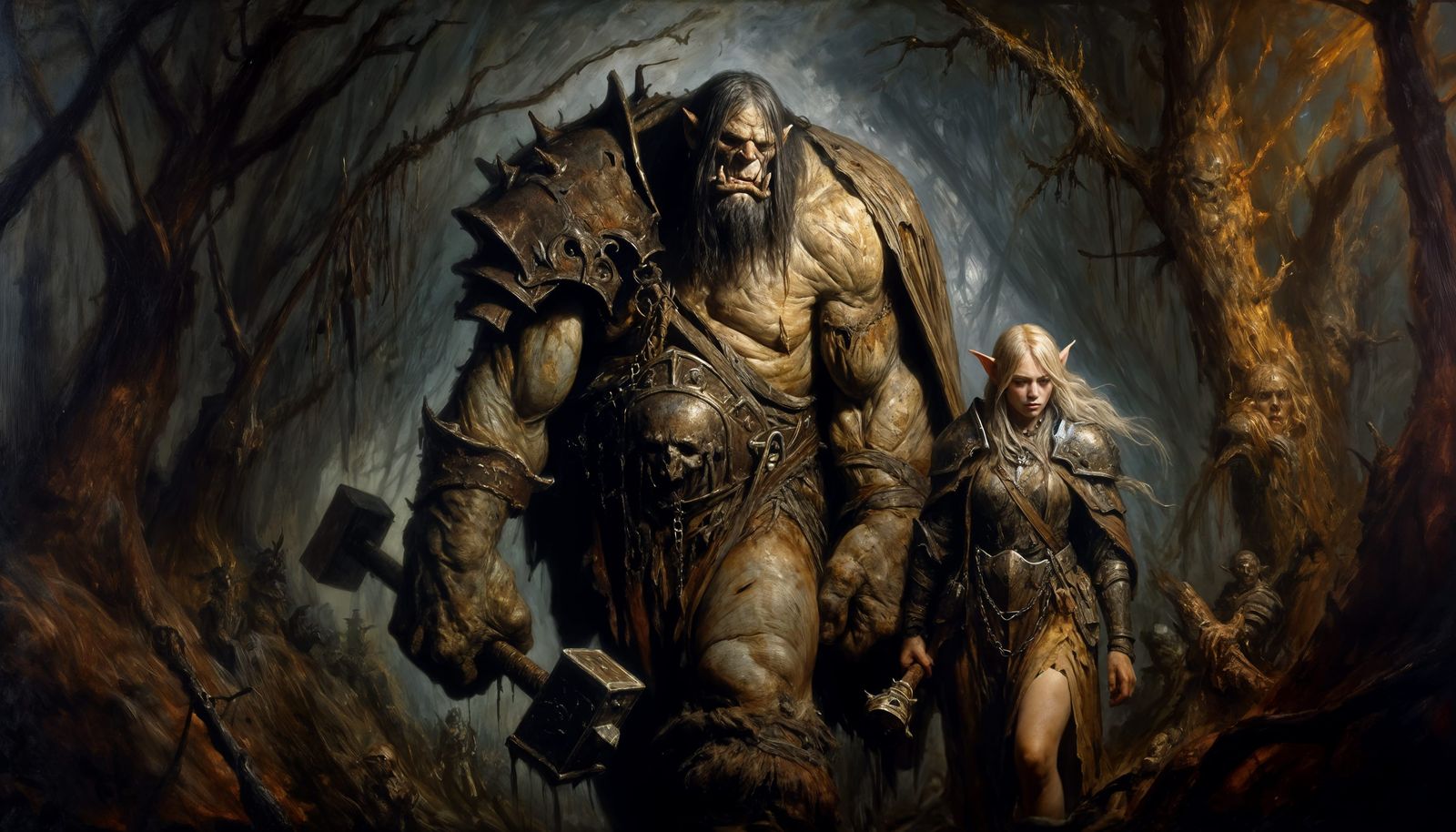Ogre and Elf Walk into Dark Medieval Forest