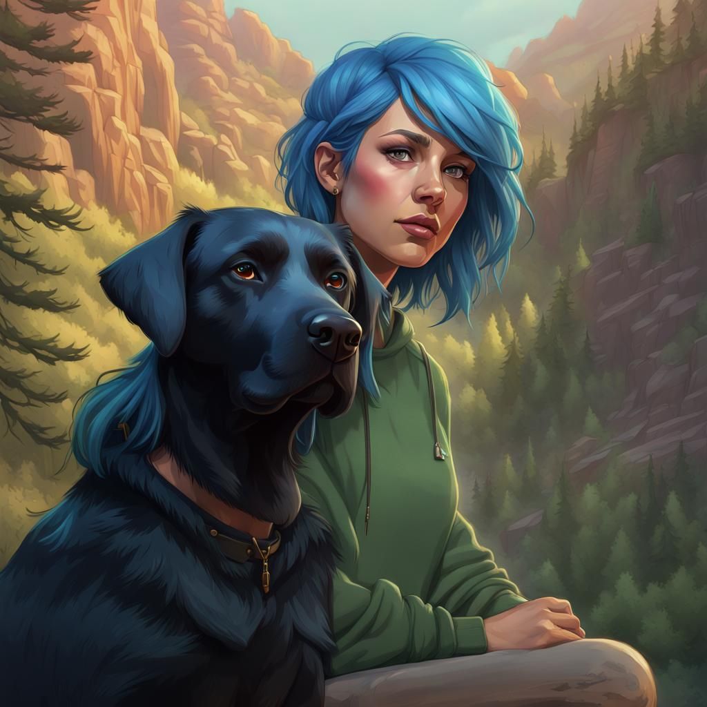 Girl with Blue Hair and Dog Overlooking Deer