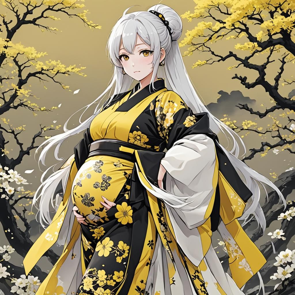 Pregnant Anime Woman in Traditional Japanese Clothing