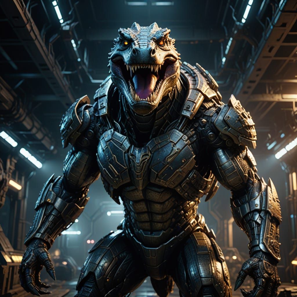 Cybernetic Crocodile Hero Stands Tall in Sci-Fi Splendor