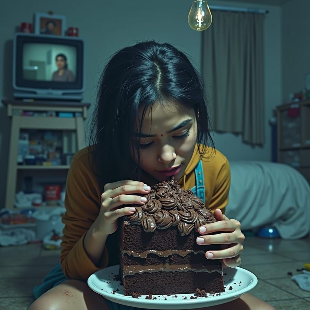 Young Indian Woman Overwhelmed by Emotional Despair in Dark,...