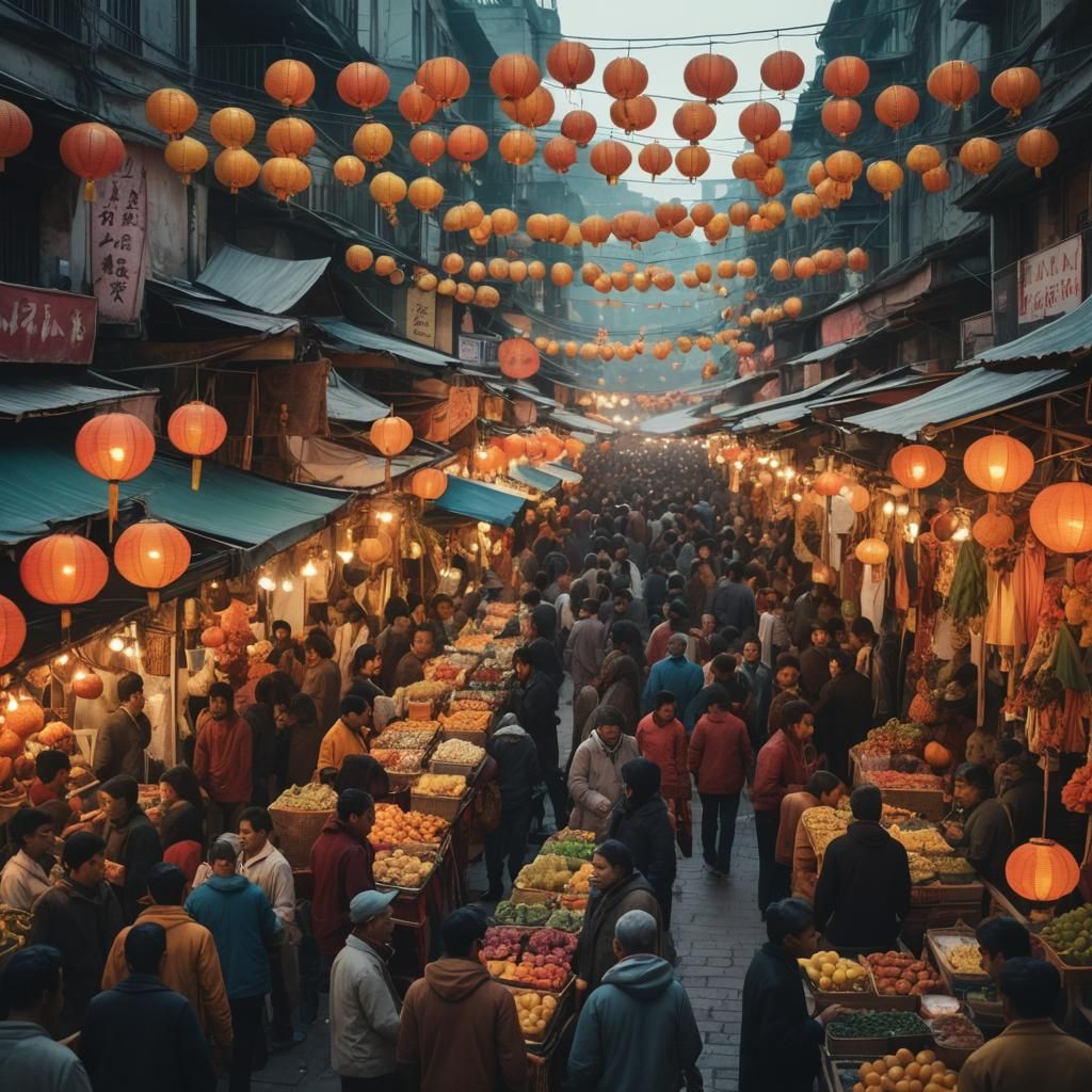 Vibrant Street Market at Dusk in Gouache Style