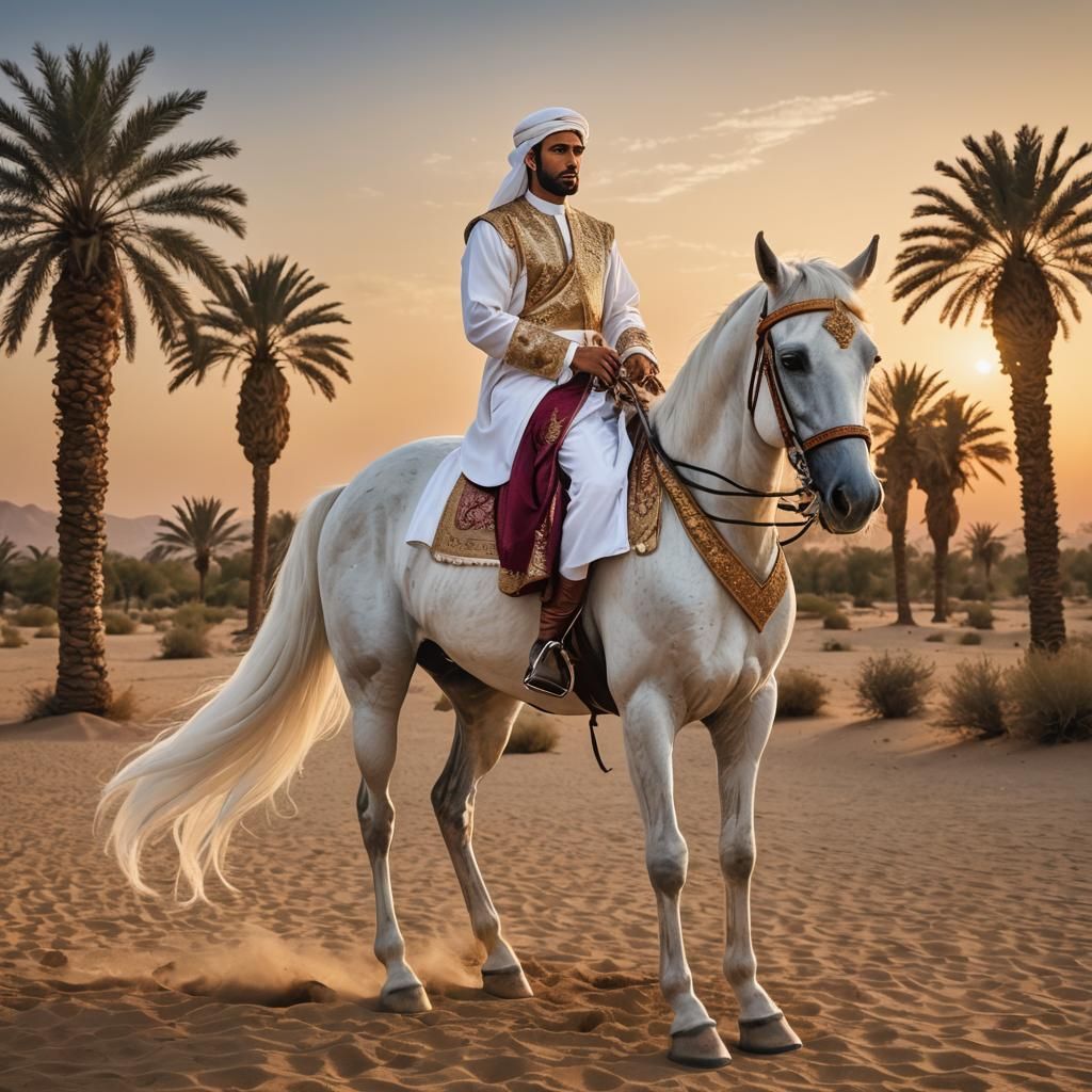 Regal Arabian Prince on White Horse at Sunset