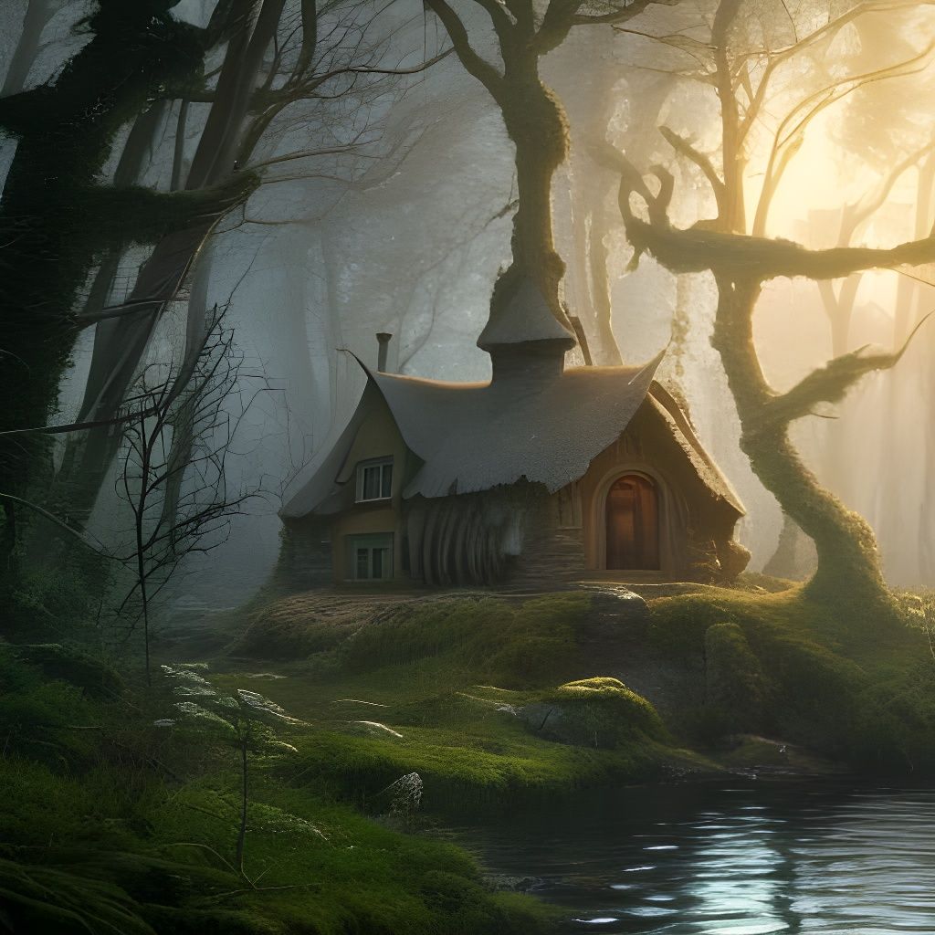 Underwater Witch Cottage in Mossy Forest, Digital Art