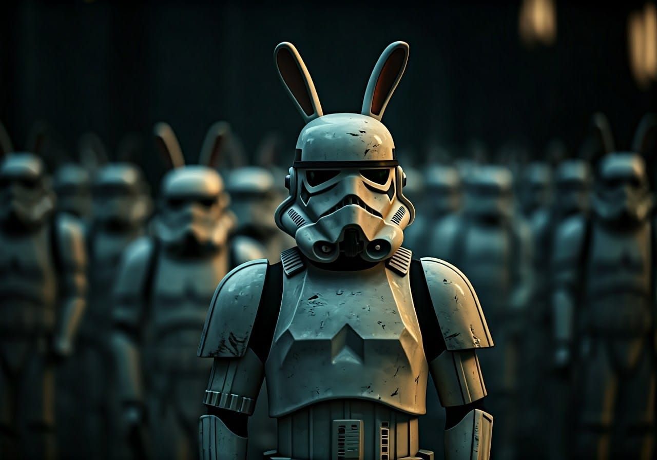 Close up on ranks of Star Wars stormtroopers with rabbit ears