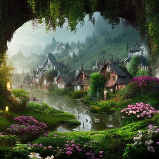 Blooming Village Gardens: Digital Matte Painting