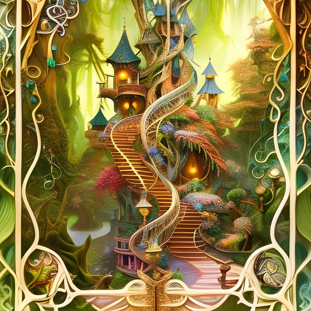 Epic Elven Staircase to Treehouse, Rococo Illustration