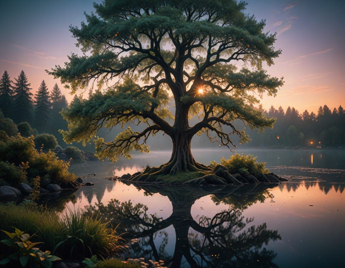 Ethereal Tree of Wonder at Lake's Edge