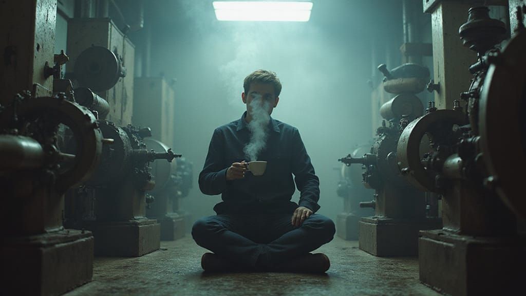 Steampunk Figure Sipping Tea Amidst Industrial Mist