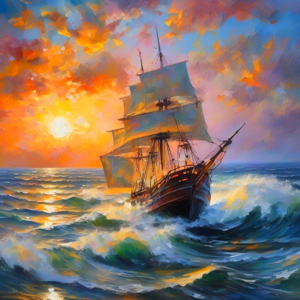 Surreal Stormy Seascape with Pirate Ship and Shimmering Moon