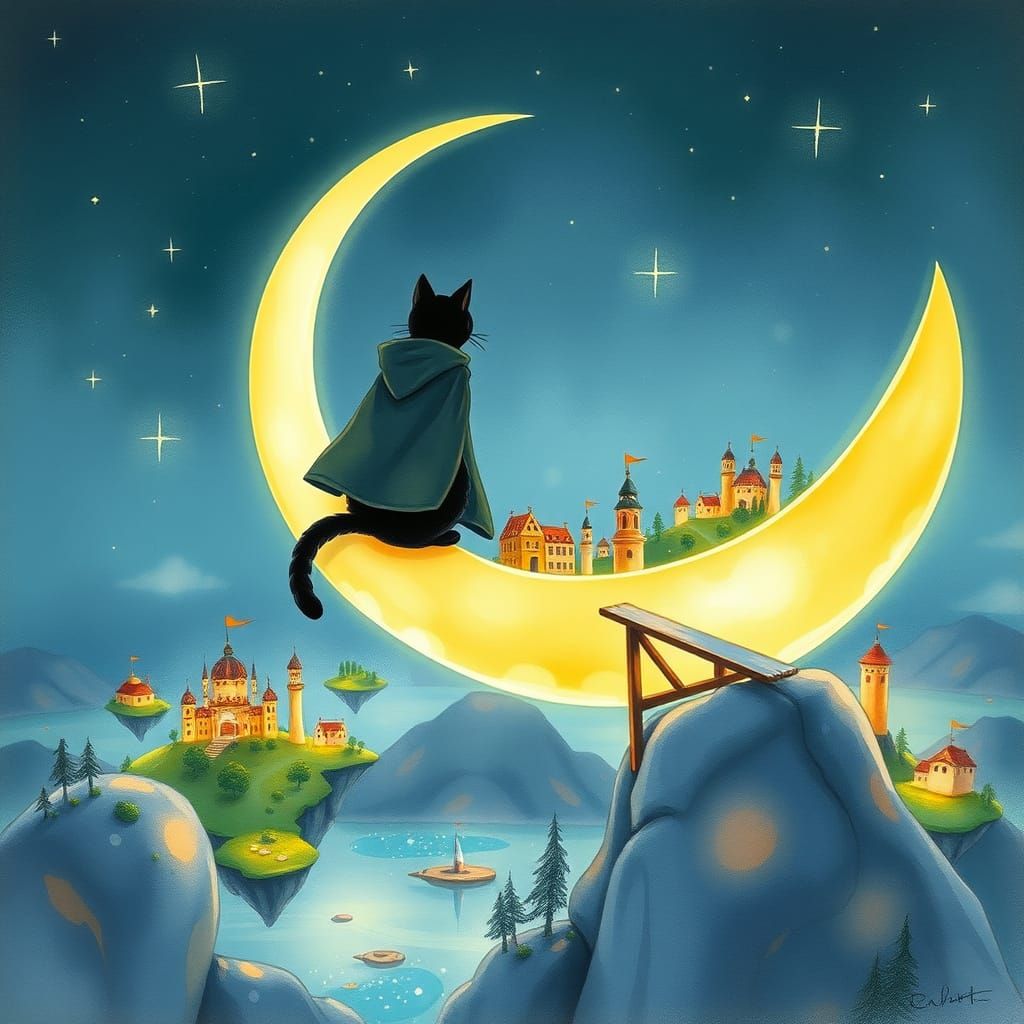 Black Cat on Moon Over Miniature Fantasy World