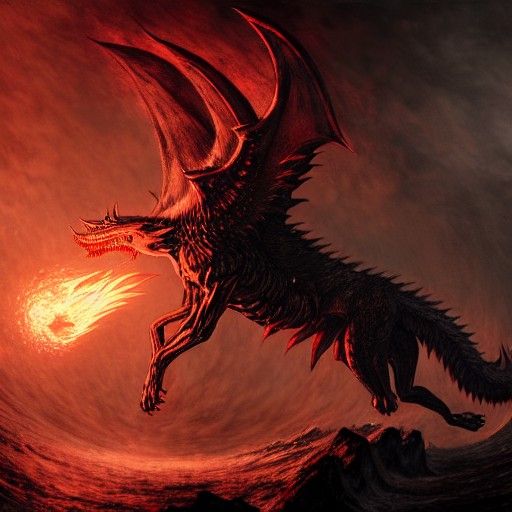 Fiery Wolf Wyvern in Horror Art Style