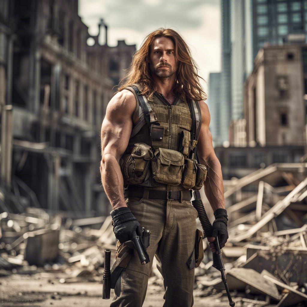 Auburn Haired Soldier in Post-Apocalyptic Ruins