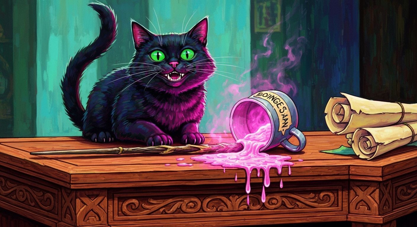 Mischievous Cat Spills Wizard's Potion