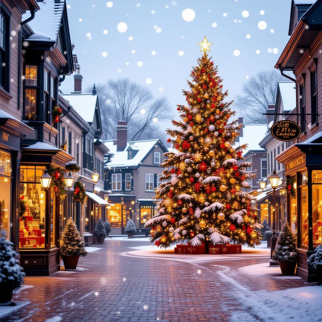 Vintage Christmas Town Square with Lit Tree