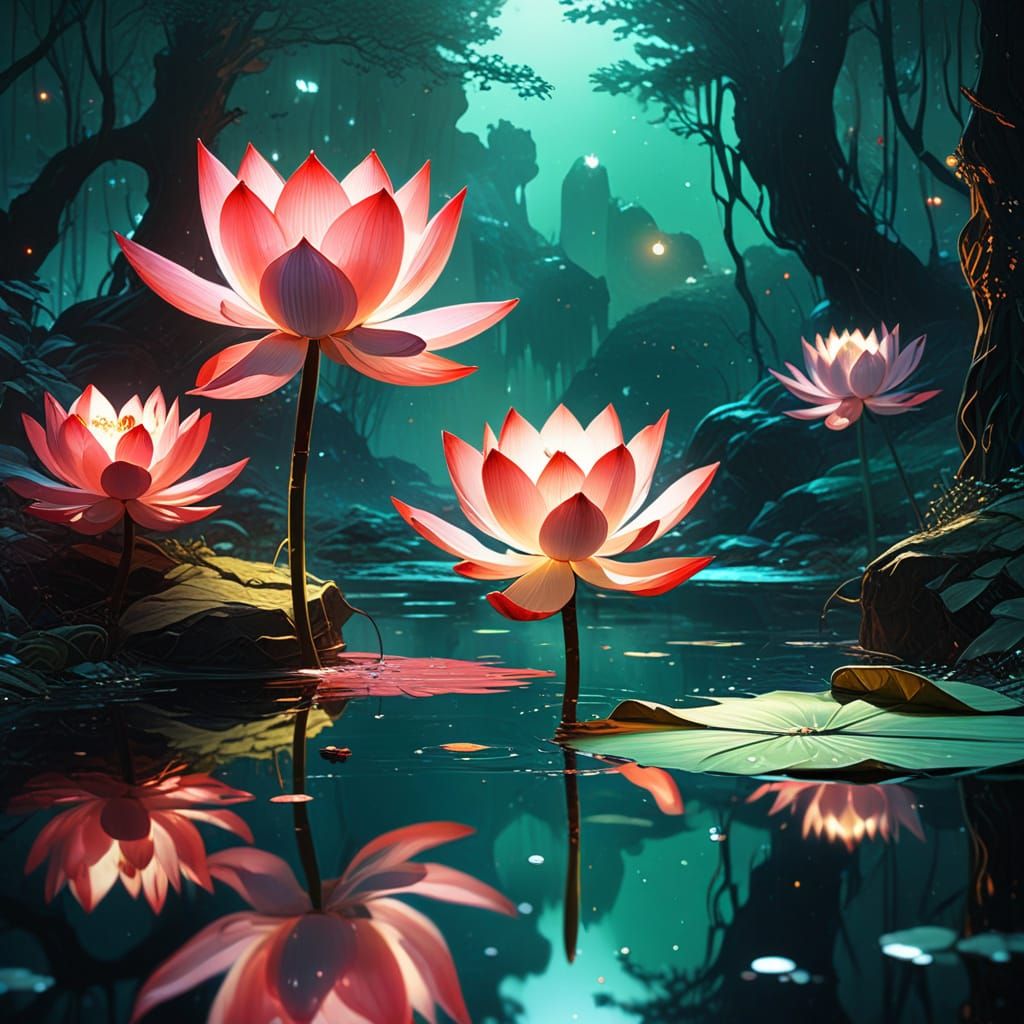 Dreamy Crimson Lotus in Mystical Forest