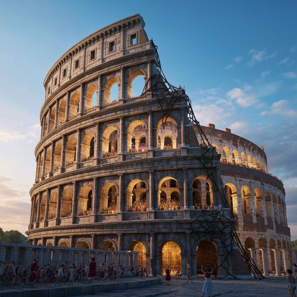 Giant Sandal Coliseum with Spiderwebs and Joyful Crowd
