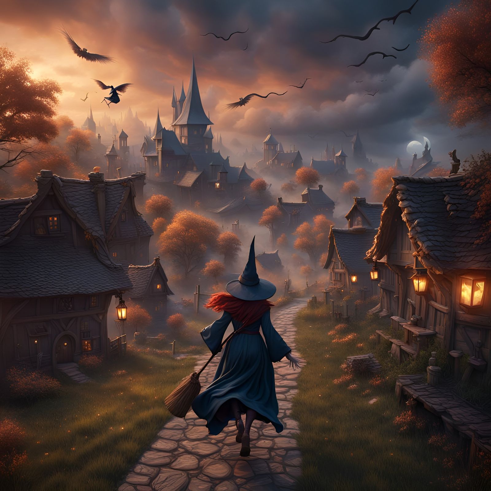 Fantasy Witch on Broomstick Delivering Gifts