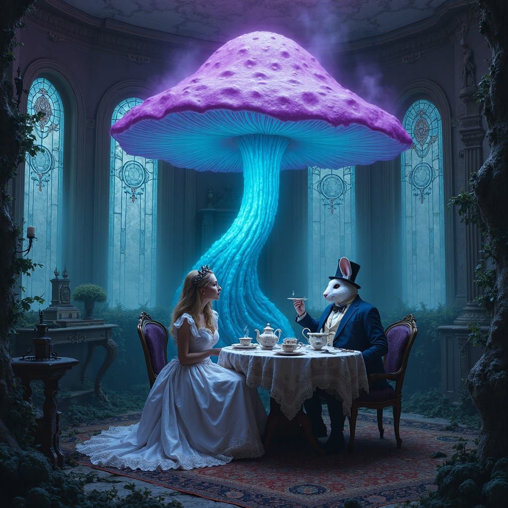 Ethereal Tea Party in a Gothic Mansion with a Glowing Mushro...