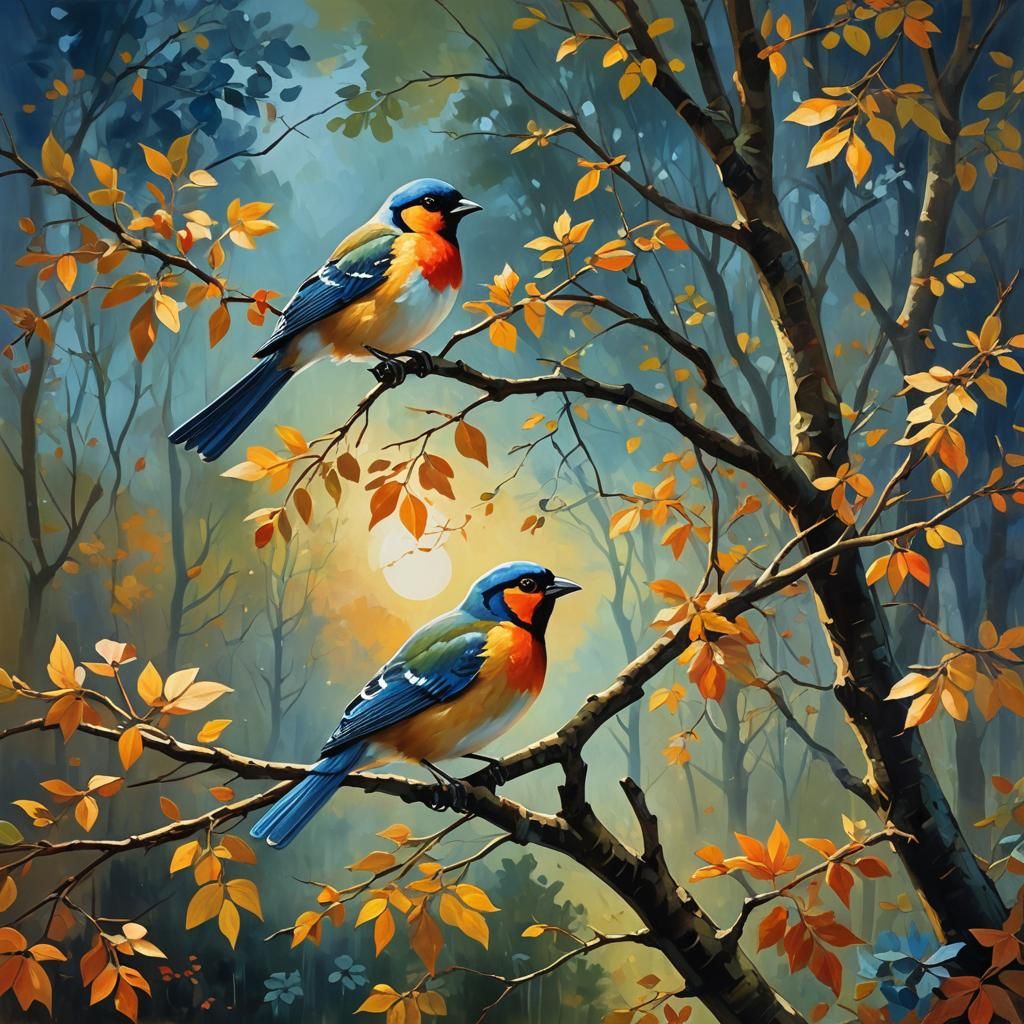 Autumn Bird Naive Art in Rousseau and Garmash Style