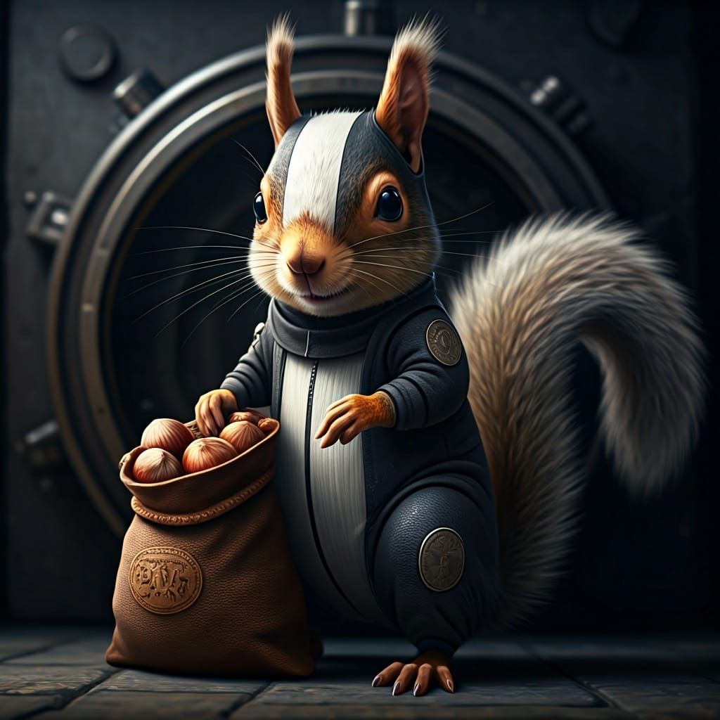 Mischievous Squirrel Thief Near Vault in Hyperrealism