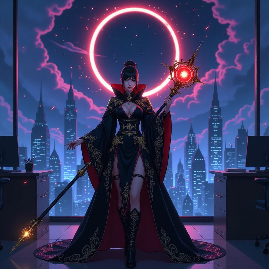 Anime Woman in Crimson Cloak with Glowing Orb