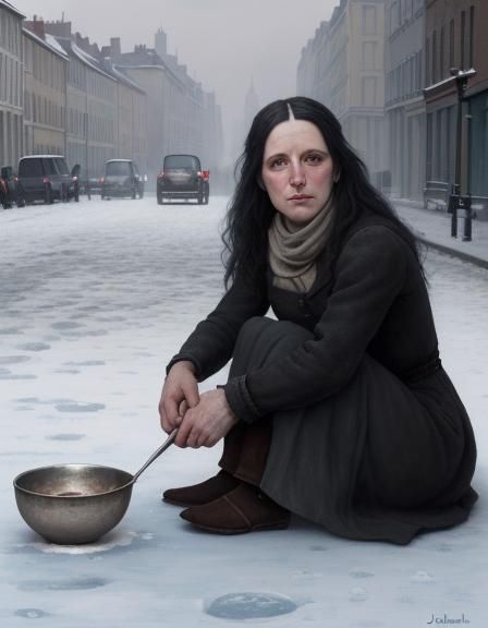 Young Beggar in Cold Street: Surrealist Oil Painting