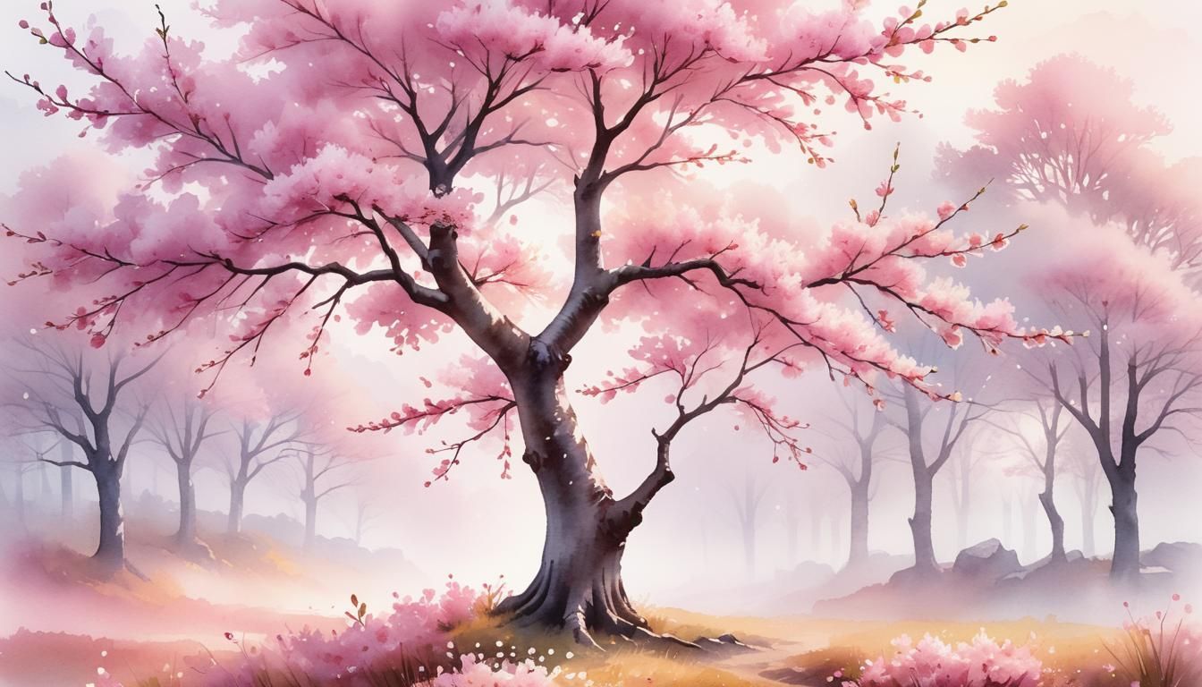 Pink Cherry Blossom Tree in Watercolor Landscape