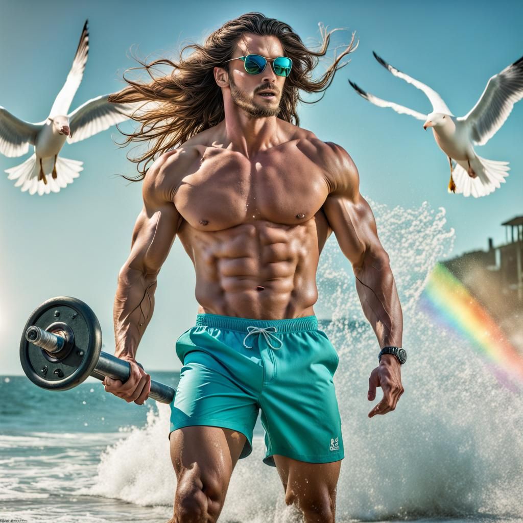 Muscular Model Beach Workout at Sunrise in HDR