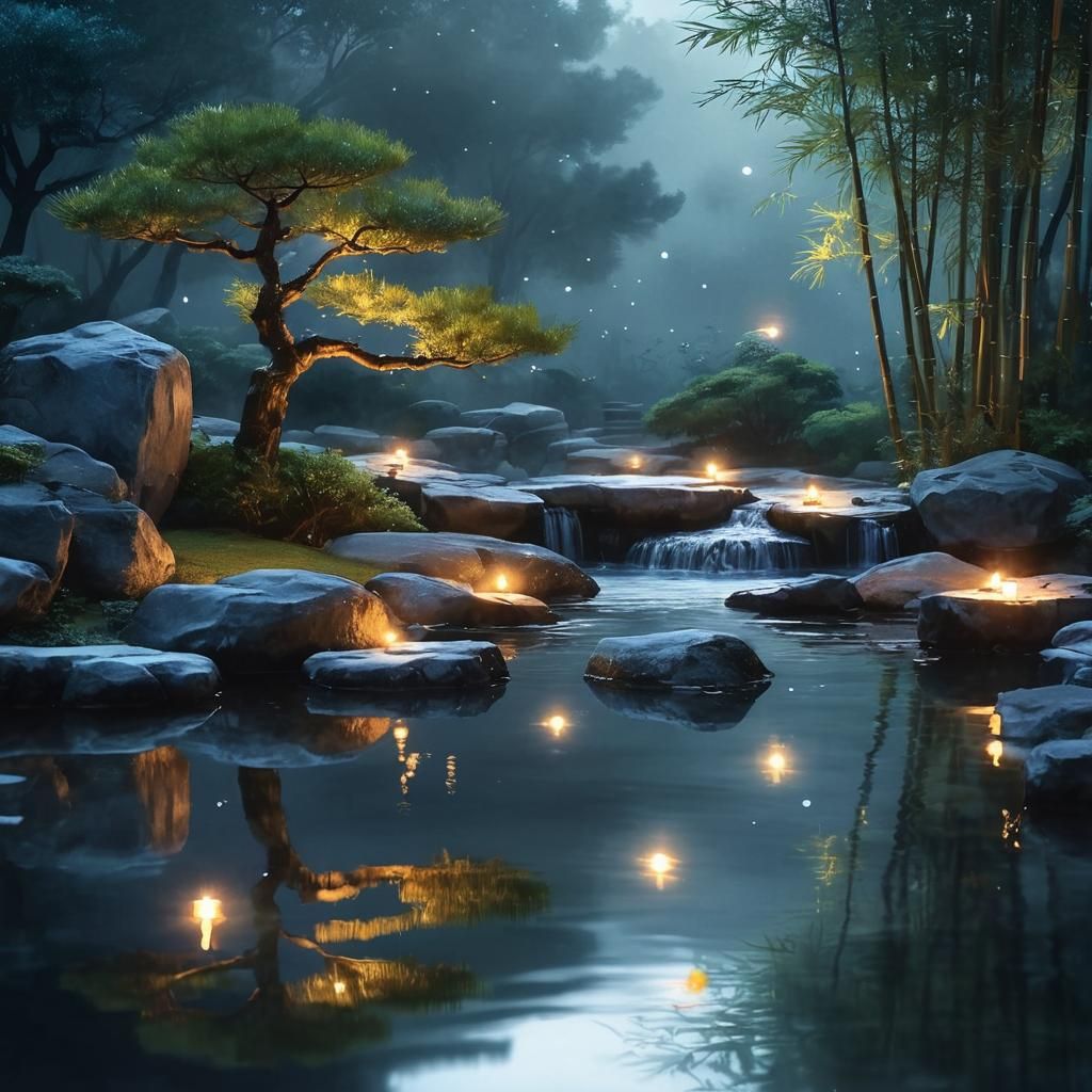 Serene Japanese Garden at Night in Watercolor Style
