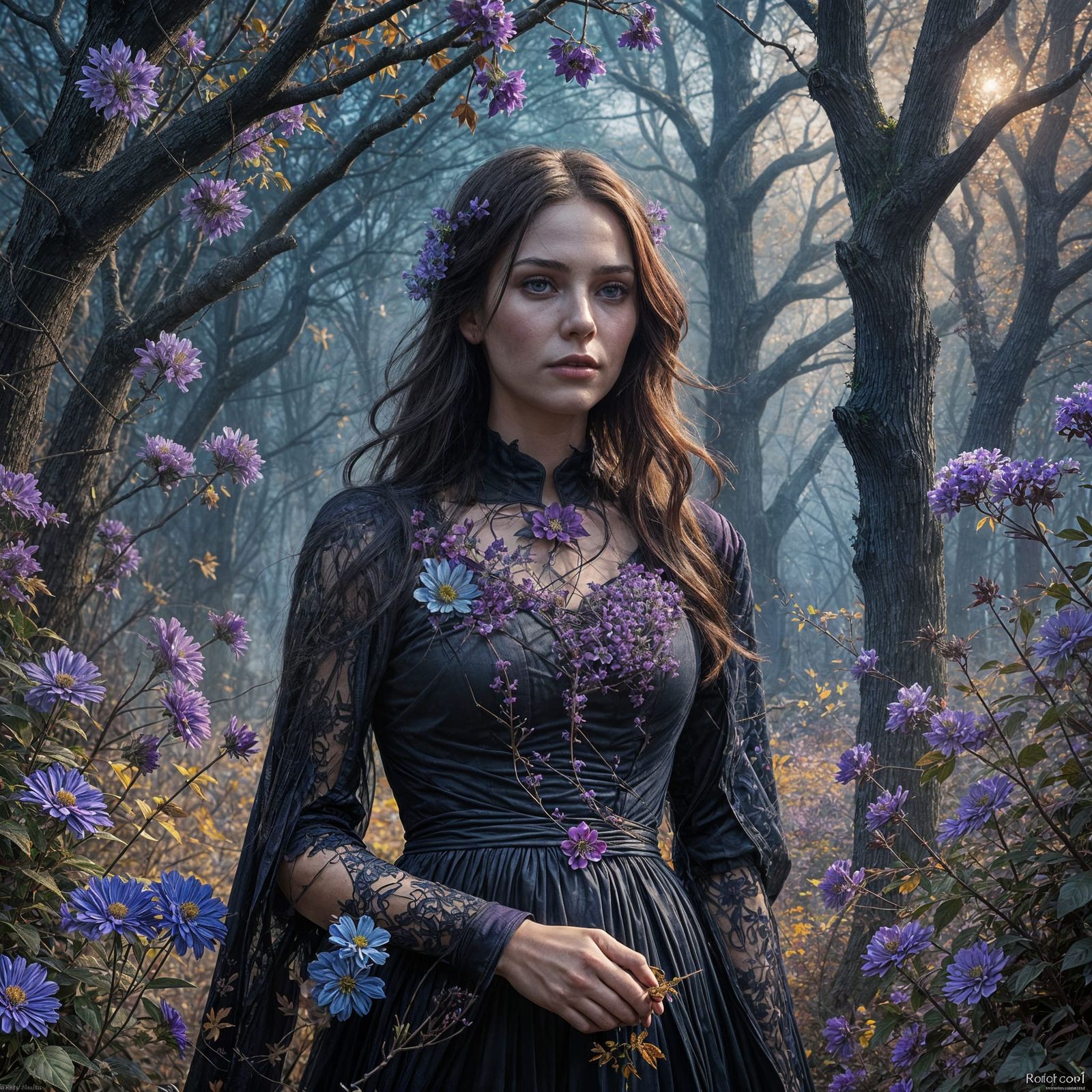 Blue and Purple Autumn Flowers Digital Art