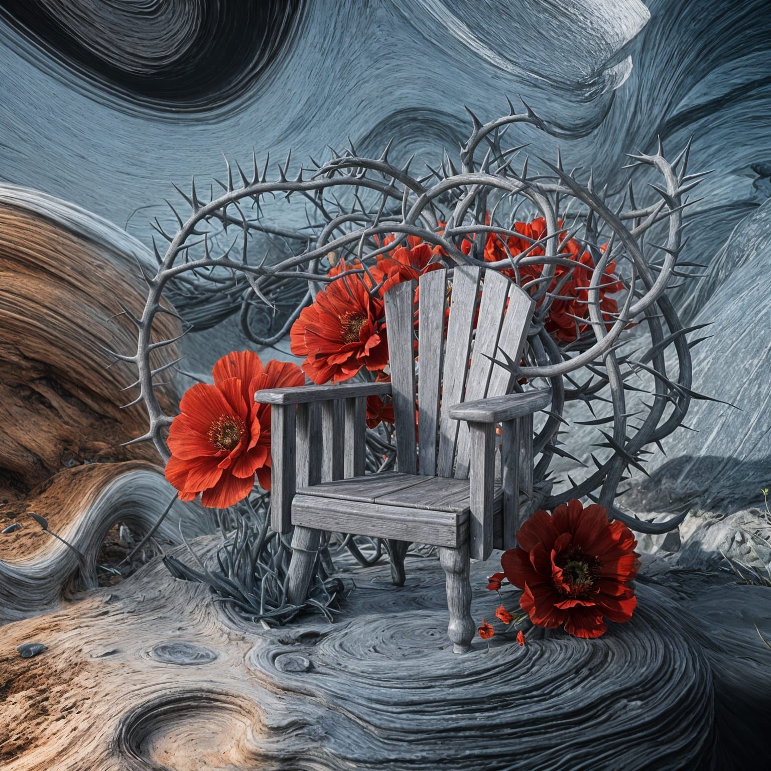 Surreal Miniature Scene with Thorny Chair and Dreamlike Swir...